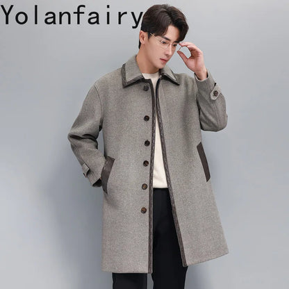 YOLANFAIRY Korean High-end Cashmere Coats for Men Autumn Winter Mid-length 95% Wool Trench Coat Spliced Sheepskin Leather Jacket