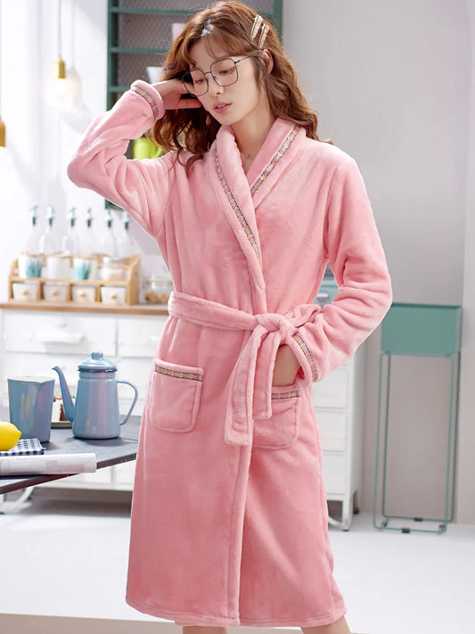 Thickened Flannel Sleepwear Coat for Men And Women Warm Winter Coral Velvet Robe Couple Home Clothes Mid-Length Bath Robe