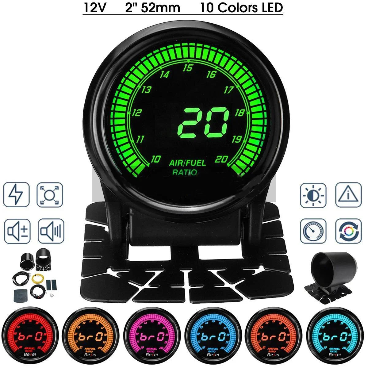 52mm Boost Water temp Oil temp Volt Vacuum Tachometer EGT Air fuel ratio Oil pressure Gauge 10 Color Car Meter