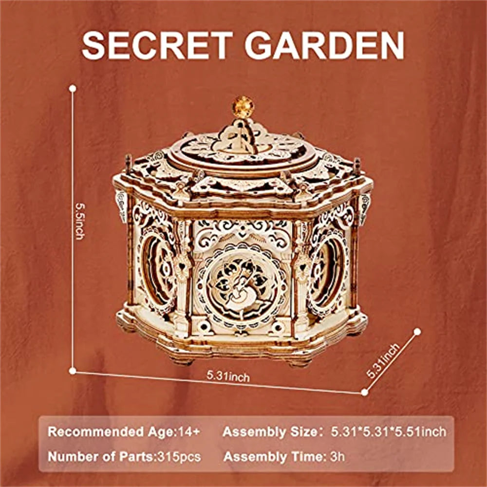 Robotime Secret Garden DIY Mechanical Music Box Kit 3D Wooden Puzzle Box for Adults Self-Assembly Building Project