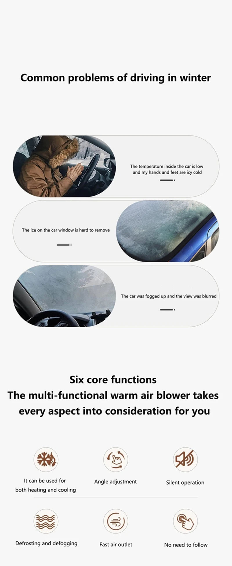 2-in-1 12V 200W Car Heater Defroster 360° Rotating Portable Windshield Heater Fast Frost/Fog Removal for All Vehicles