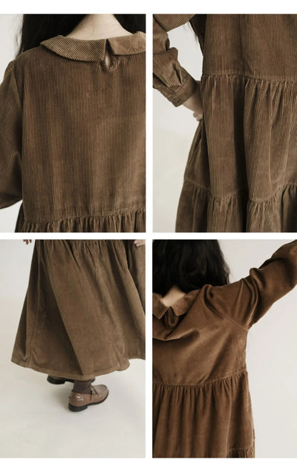 Japanese Style Long Sleeve Corduroy A-Line Dress Loose Slimming Simple Design Women's plus Size Dress Daily Wear Long Dress