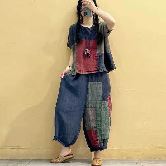 Brand Women's Cotton Linen round Ne ort Sve T-irt Patched Vintage Two-piece Set Faionable Summer Workwear