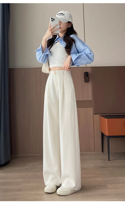Seoulish Autumn Elegant Women's Wide Leg Pants 2024 New Korean Solid Button Casual Loose Office Full Length Trousers Female