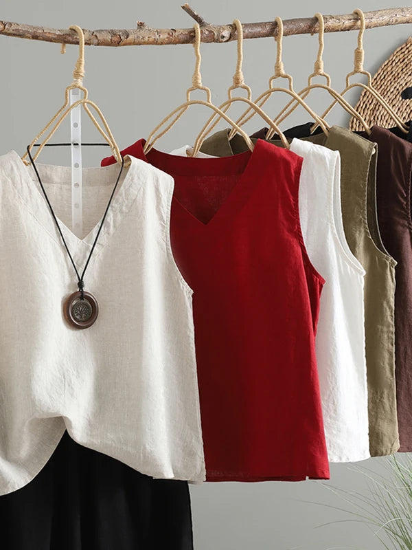 Slimming Pure Color Cotton Linen Lightweight Sleeveless round Neck Inner Wear Large Size Women's Fashionable Versatile Top