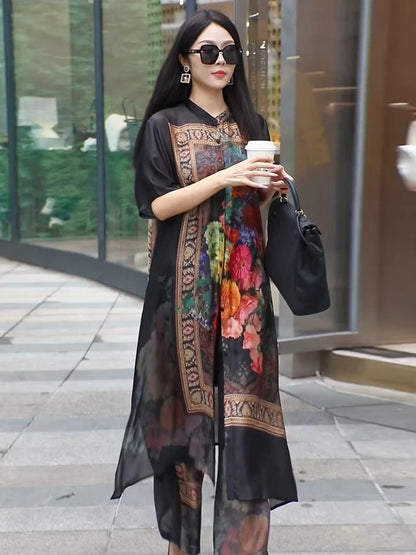 Retro Large Size Floral Print Open Cardigan Loose Wide Leg Pants Ele Faionable Two-Piece Set for Women over 35