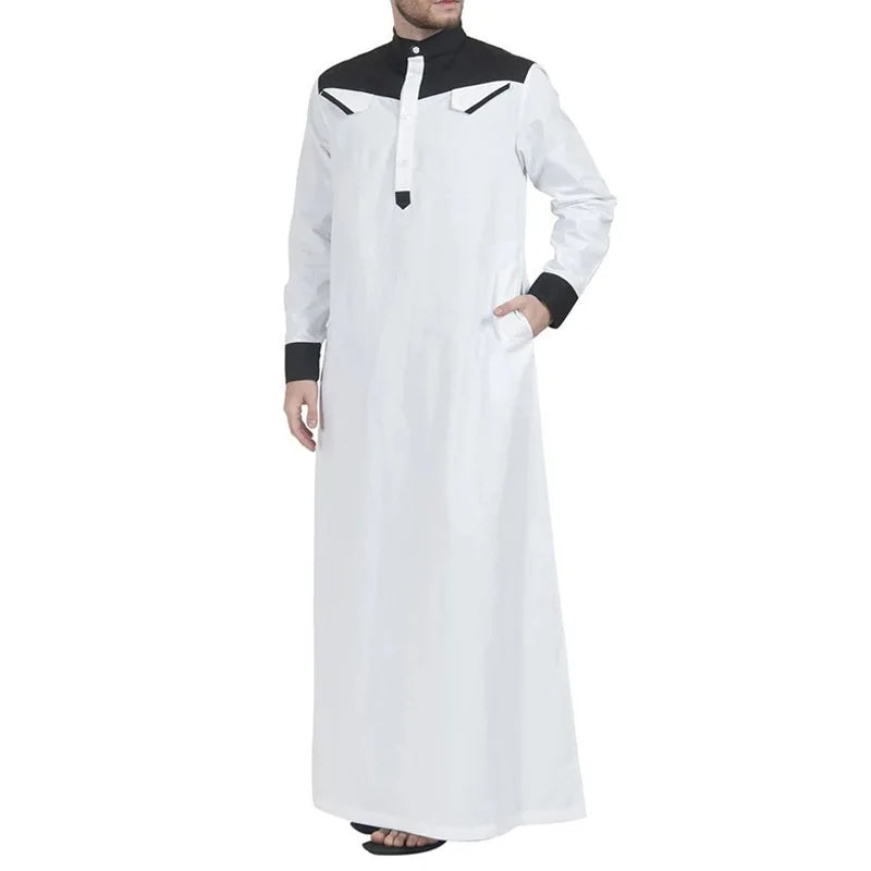 Spring Autumn Loose Muslim Standing Collar One-piece Patchwork Men's Long Robe Breathable And Skin Friendly Solid Color