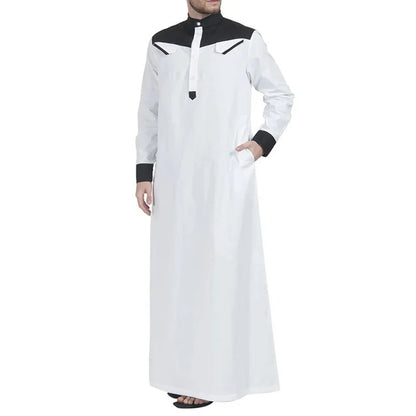 Spring Autumn Loose Muslim Standing Collar One-piece Patchwork Men's Long Robe Breathable And Skin Friendly Solid Color