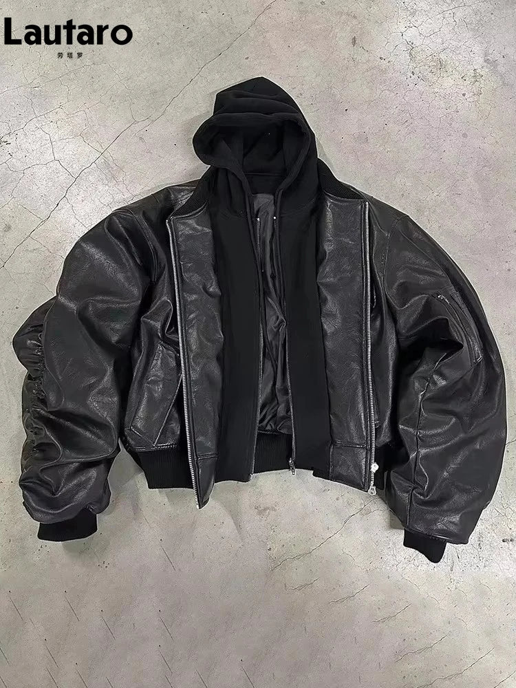 Lautaro Autumn Winter Oversized Thickened Warm Red Black Pu Leather Jacket Men Luxury Designer Unisex Clothes Cool Grey Hoodie