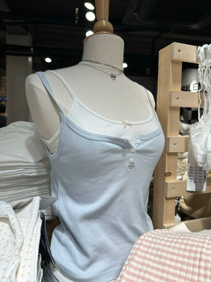 Lace Trim Buttons Solid Tank Top Women U Collar Sleeveless Cotton Slim Camis Sweet Chic Casual Preppy Style Vest Crop Tops Y2k