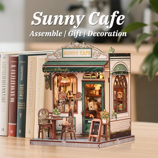 CUTEBEE DIY Book Nook Kit Miniature Wooden Dollhouse with Lights Bookshelf Insert 3D Puzzle Decor Model Sunny Cafe for Kids Gift