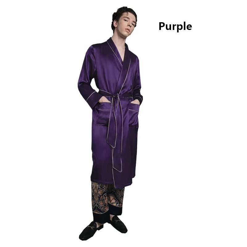 100% Natural Silk Men's Long Nightgown Navy Blue Casual Lounging Dress Comfortable Loose Size 5XL Weight 150KG Pajamas Cool