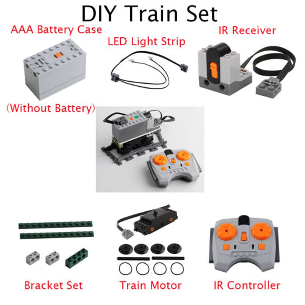 DIY Train Motor Set IR Remote Receiver AAA Battery Case LED Strip Rail Tracks compatible with 88002 city train PF MOC Blocks