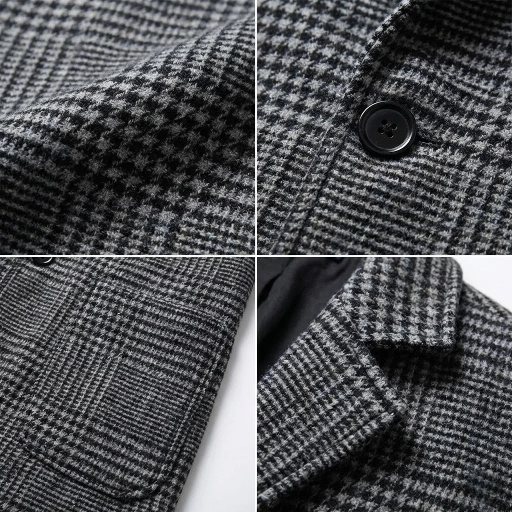 New Winter Men's Trench Coat with Houndstooth Pattern Thickened Lining Windproof Design | Business-Ready Warm Outerwear for Men