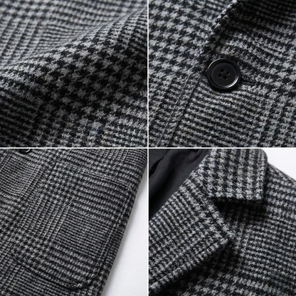 New Winter Men's Trench Coat with Houndstooth Pattern Thickened Lining Windproof Design | Business-Ready Warm Outerwear for Men
