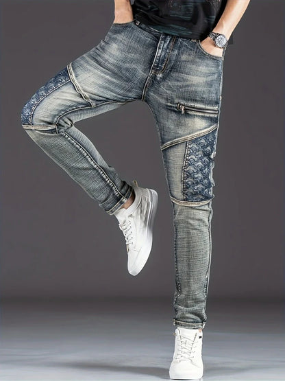 Streetwear Men's Motorcycle Jeans Stretch Nostalgic Fashion Casual Denim Trousers Slim Straight Patchwork Washed Cowboy Pants