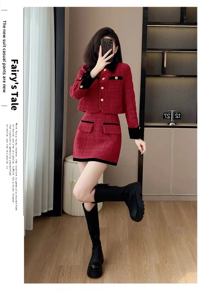 High-End  Style Women's Outerwear Set Autumn Winter New Design High Waist  Skirt Two-Piece Suit Fashionable And Warm