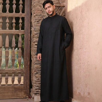 2026 New Men's Stand Collar Long Sleeve Embroidered Loose Fit Shirt Long Dress Robe Abaya Ramadan Dubai Luxury Islam Elegant