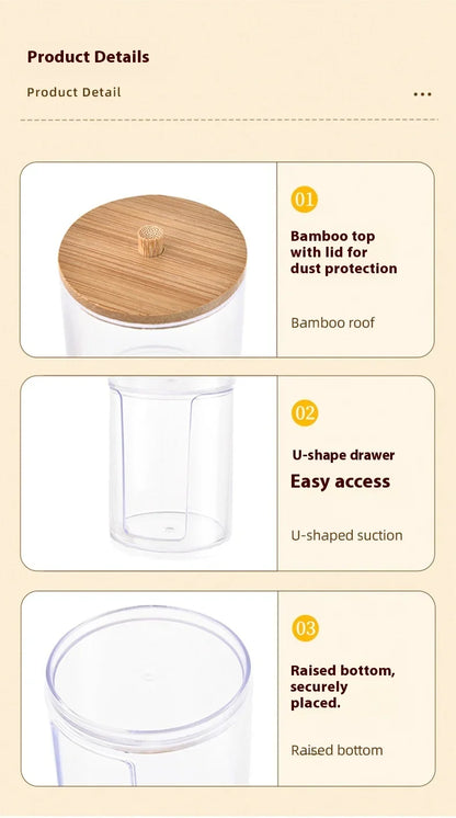 1pcs Cotton Swab Storage Box Acrylic Jar Makeup Organizer, Cotton Round Pad Holder, Q-tip Dispenser with Bamboo Lid