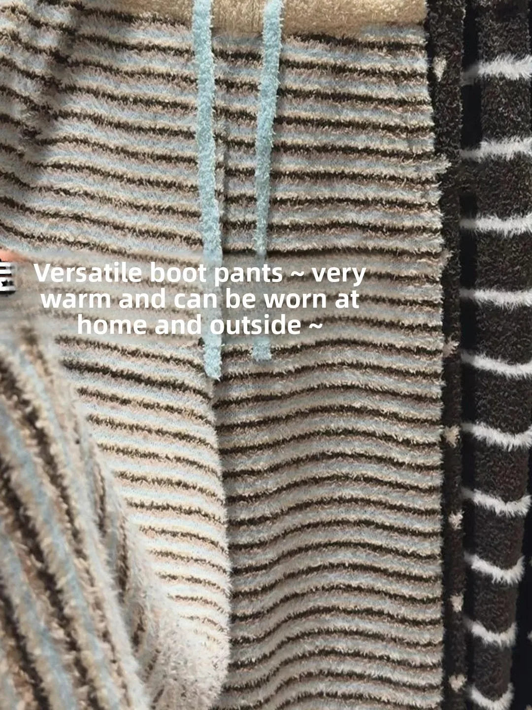 Cozy Coral Fleece Thickened High Waist Wide Leg Pants Women's Winter Home Leisure Trousers Stripe Pattern Soft Plush Sleepwear