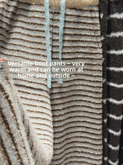 Cozy Coral Fleece Thickened High Waist Wide Leg Pants Women's Winter Home Leisure Trousers Stripe Pattern Soft Plush Sleepwear