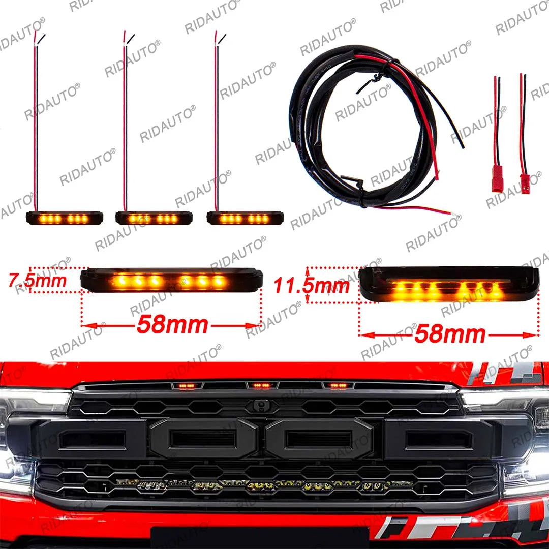 For Aftermarket Raptor Grille 3Pcs Amber White LED Light Pickup Grille Light DIY LED Light Fit For FORD RANGER RAPTOR 2023-2025+