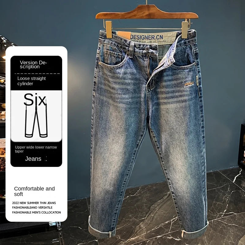 Men's High-End Jeans 2024 Autumn and Winter Trends Loose Straight Trend Embroidered Casual Denim Pants