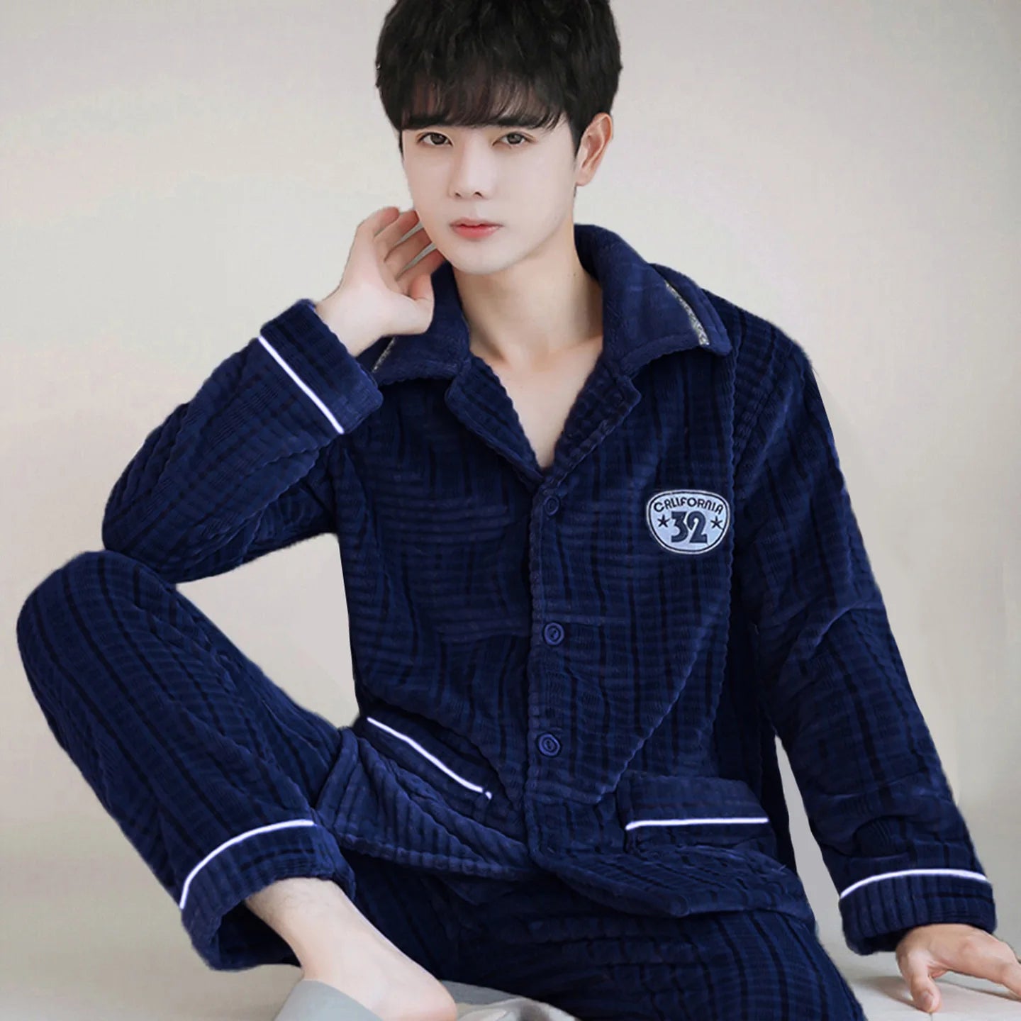 Men's Thickened Flannel Pajamas Coral Fleece Home Clothes Cardigan Set Long Sleeve Long Pants Soft Warm Winter Autumn Sleepwear