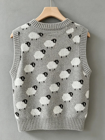 Women's plus size sheep pattern knitted vest, casual and elegant spring/summer style