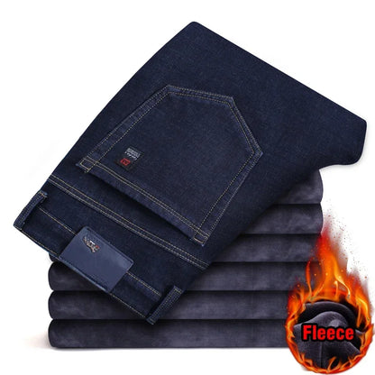 2024 Winter New Men's Fleece Warm Jeans Classic Style Business Casual Thicken Regular Fit Denim Pants Black Blue Brand Trousers
