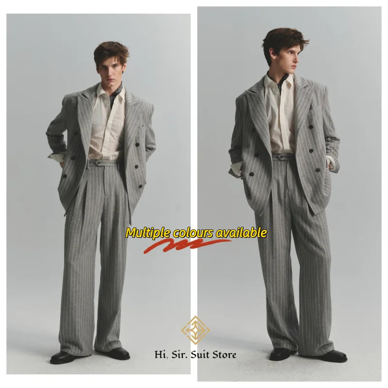 Men's High-Street Vintage Striped Pants Drapey Silhouette Melange Old Money Style Elegant Casual Trousers for Gentlemen Fashion