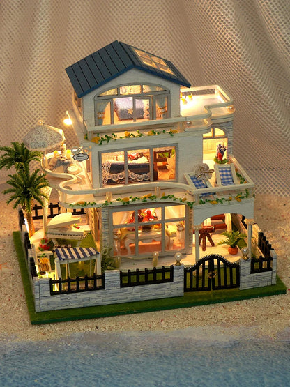 New Diy Wooden Mini Seaside Villa Miniature Building Kits Doll Houses With Furniture Casa Dollhouses For Friends Birthday Gifts