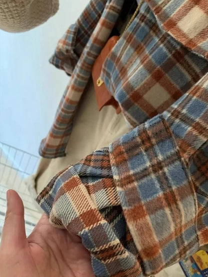 Retro Color Block Thickened Plaid Shirt Women's Loose Mid-Length Woolen Coat Spring Autumn Seasonal Korean Style Commute Wind