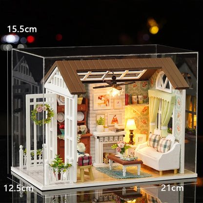 Zuuton Sweet Pink Villa DIY Miniature Doll House Kit with LED Light 3D Wooden Puzzle Building Kit with Furniture Gift Dollhouse