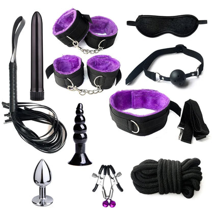 Sex Bondage Set Plush Sex Toy BDSM Kits for Women Couples Adult Games Adjustable Handcuffs Ankle Whip Gag Nipple Clamps Toys