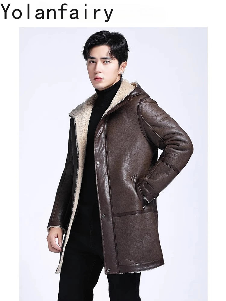 YOLANFAIRY Fashion Brown Genuine Sheepskin Leather Jacket Men Winter Mid-length Hooded Natural Fur Coat Man Warm Fur Coats Slim