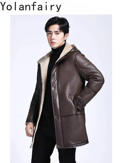 YOLANFAIRY Fashion Brown Genuine Sheepskin Leather Jacket Men Winter Mid-length Hooded Natural Fur Coat Man Warm Fur Coats Slim