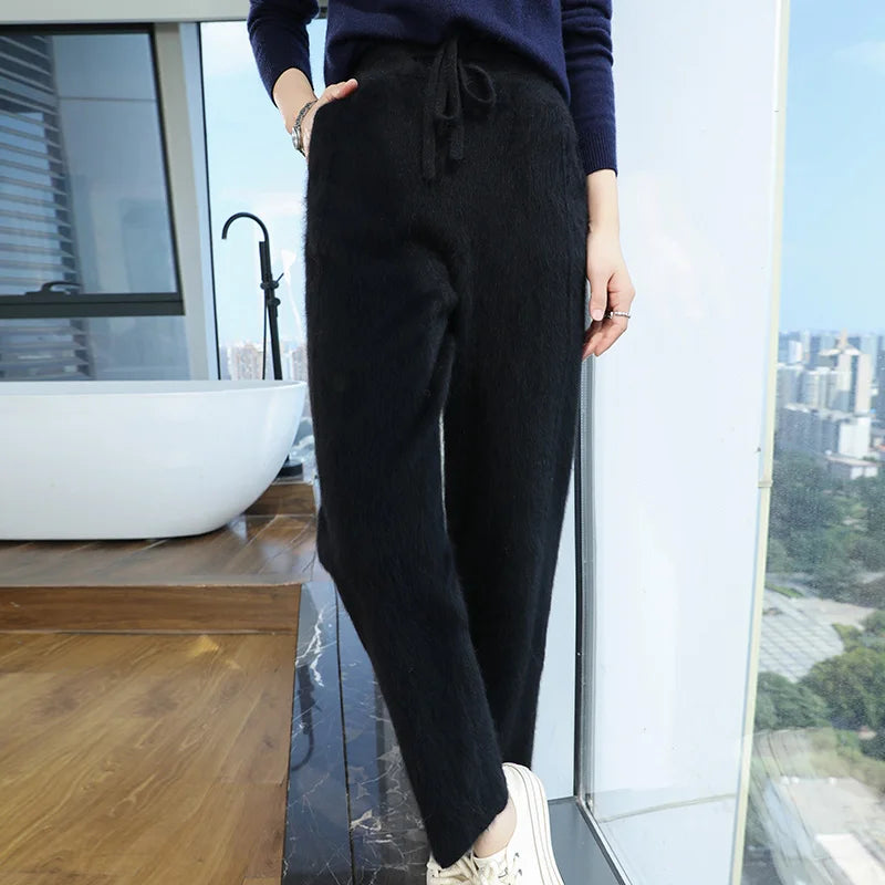 100% mink wool knitted high-waisted pencil pants women's casual autumn and winter new warm solid color thick cashmere pants