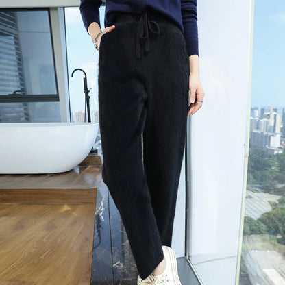 100% mink wool knitted high-waisted pencil pants women's casual autumn and winter new warm solid color thick cashmere pants