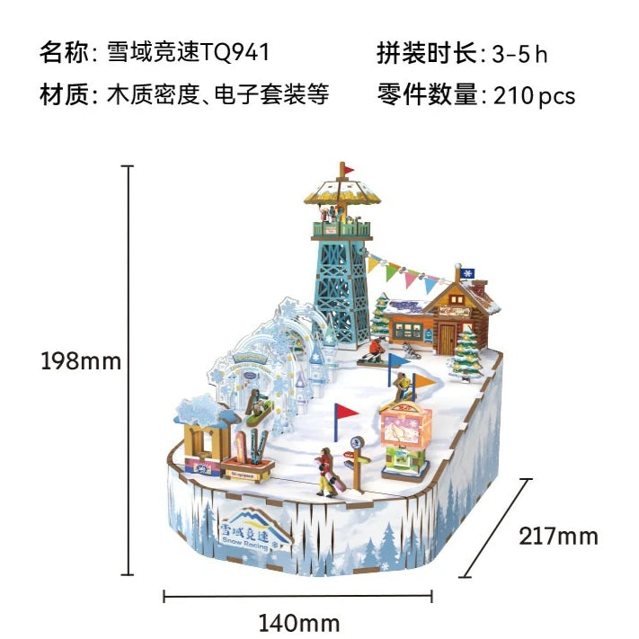 Tonecheer Lucky Mahjong City Music Box Wooden Puzzle Building Blocks Diorama Model Kit 3D Wooden Gift Toy Dollhouse Decoration