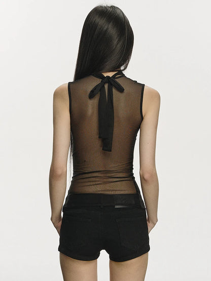 Yedinas Black Back Sheer Summer Tank Tops Sexy Sleeveless Tees Original Design Tanks Slim Korean Fashion Chic 2000s Clothes Y2k