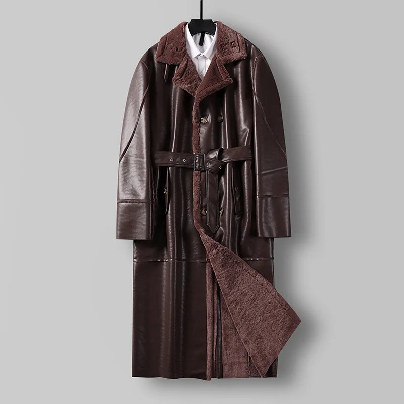 Large Loose Fur 1 Piece Leather Long Jacket For Men Over The Knee Warm Windbreaker For Man Winter Trench Coat  in OrientTown 027