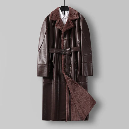 Large Loose Fur 1 Piece Leather Long Jacket For Men Over The Knee Warm Windbreaker For Man Winter Trench Coat  in OrientTown 027