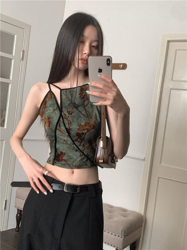 CHEERART Flocking Floral Vintage Crop Cami Top For Women Sleeveless Flower Green Tops Designer Clothes Luxury