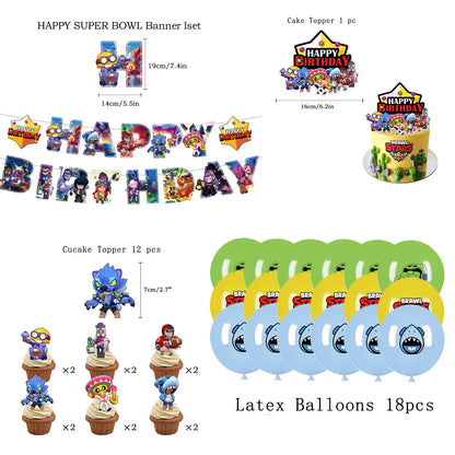 Anime Game Theme Party Supplies Flag Pull Banner Cake Topper Balloon Set Kid Girl Boy Happy Birthday Party Baby Shower Decor
