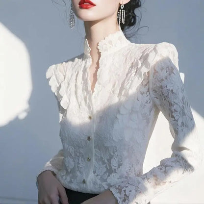 Elegant White Lace Shirt Luxury Feel Spring 2026 New Style Women's Premium Quality Long Sleeve Polyester Fiber Fashionable