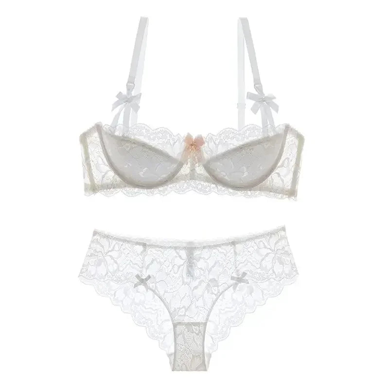BANERDANNI French Lace Bralette Set Breathable Non-Padded Bra for Petite Sheer Floral Lingerie Wireless Comfort Anti-Gap Design