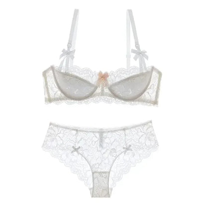 BANERDANNI French Lace Bralette Set Breathable Non-Padded Bra for Petite Sheer Floral Lingerie Wireless Comfort Anti-Gap Design