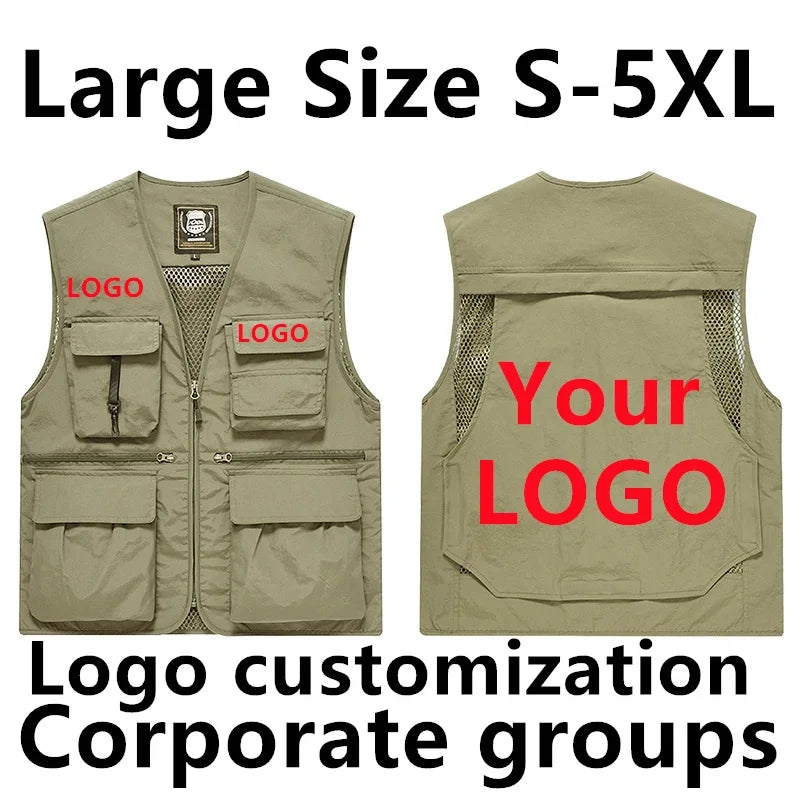 DIY Logo Custom Work Vest Multi Pocket Sleeveless Jacket Camping Big Size Men's Clothes  Plus Outerwear MAN Workwear LeisureY