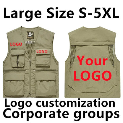 DIY Logo Custom Work Vest Multi Pocket Sleeveless Jacket Camping Big Size Men's Clothes  Plus Outerwear MAN Workwear LeisureY